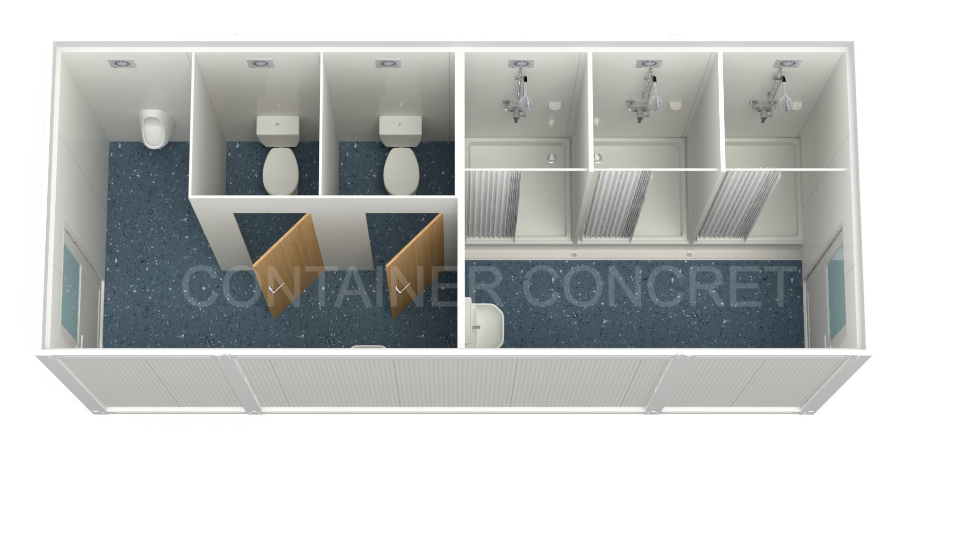 Container Sanitar 6m cu 3 Dusuri, 2 WC, 1 Pisoar